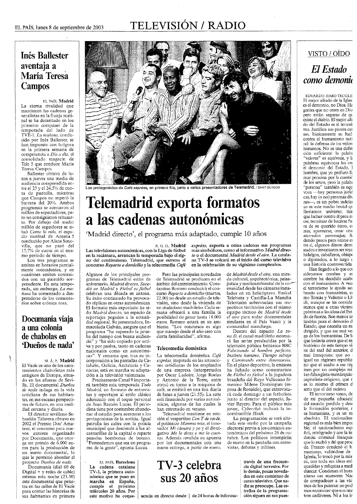 Artículo del diario El País sobre Julio Montalvo y Telemadrid, publicado el 8 de septiembre de 2003.