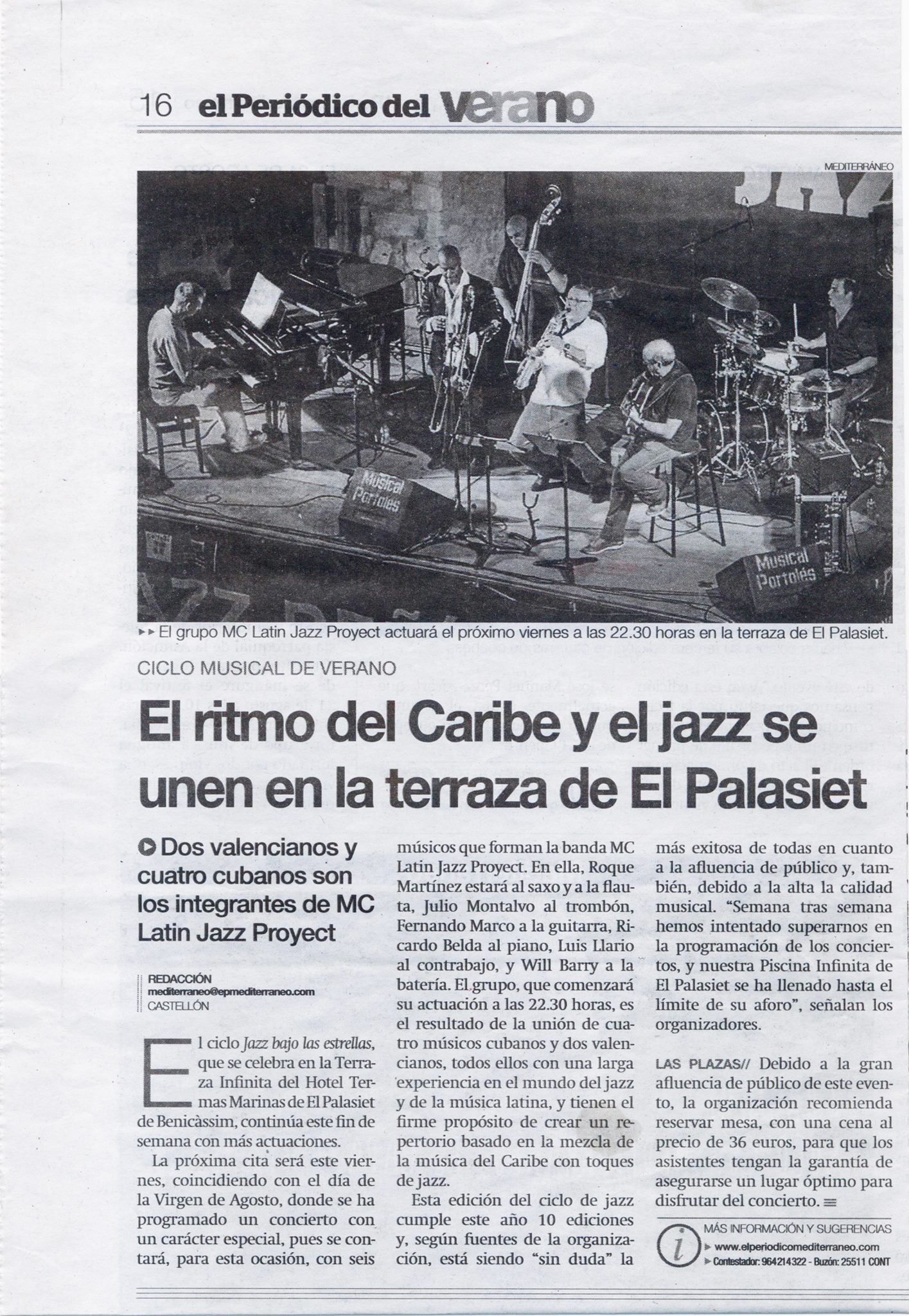 Artículo del Periódico Mediterráneo sobre Julio Montalvo con el grupo MC Latin Jazz Project actuando en la terraza de El Palasiet (Benicàssim).