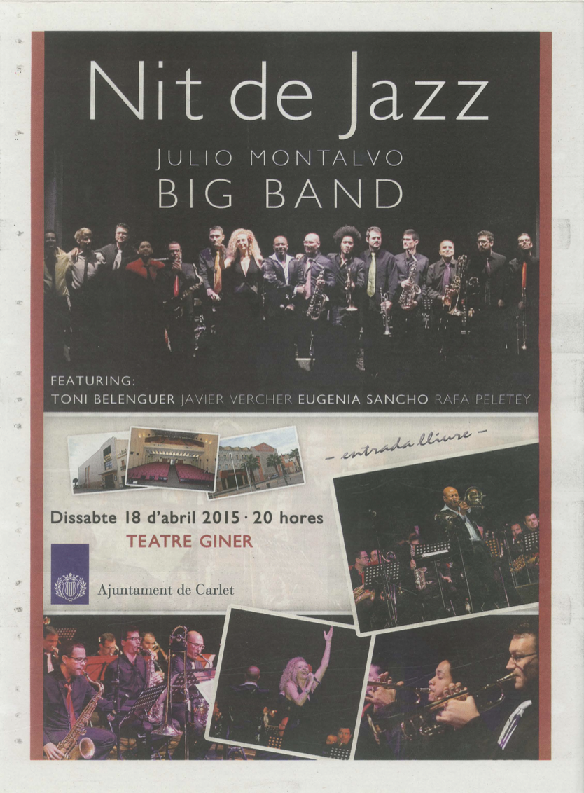 Cartel del concierto Nit de Jazz con la Julio Montalvo Big Band en el Teatre Giner de Carlet, 18 de abril de 2015.