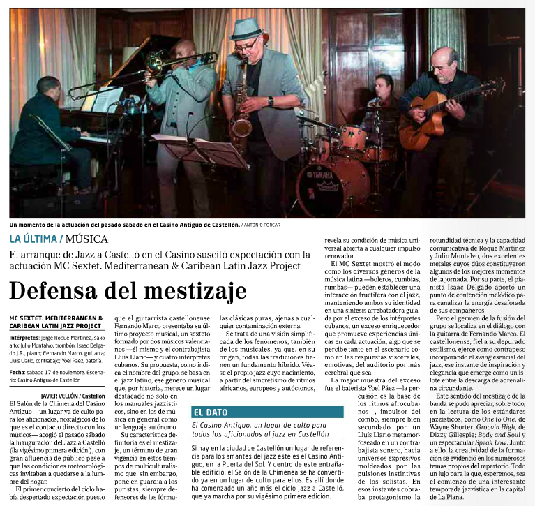 Artículo sobre Julio Montalvo tocando con el MC Sextet en el Casino Antiguo de Castellón durante Jazz a Castelló.