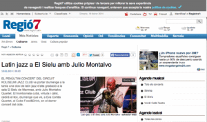 Artículo del periódico Regió7 sobre Julio Montalvo Quartet en concierto de latin jazz en la sala El Sielu de Manresa (2014).