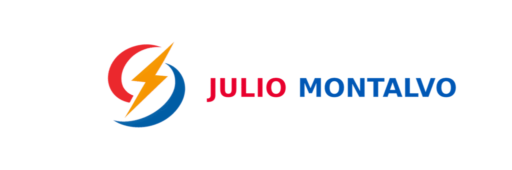 Imagotipo oficial de Julio Montalvo con rayo y colores rojo, azul y amarillo